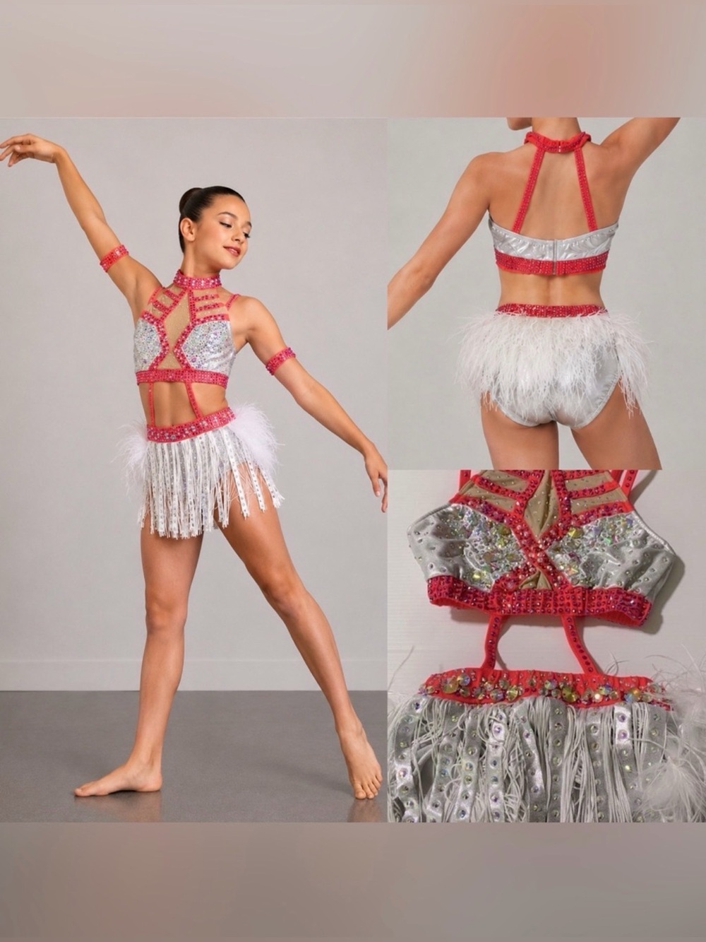 Glamour White Silver Fringe Feather Dance Costume MA ad Child Jazz Broadway Solo